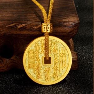 已开光 招财18k Micron Gold-plated Amulet Pendant Necklace Auspicious Gossip Rune Necklace To Ward Off Evil Spirits Increase Luck and Attract Wealth 越南沙金山鬼花钱吊坠传承古法手工八卦雷阵平安扣挂坠首饰