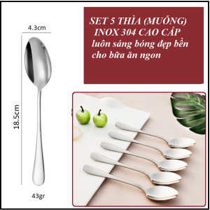 Combo 5 Chiếc Thìa Muỗng Inox 304 (không hút nam châm) 18.5cm Đẹp Sang Xịn Mịn Không Vết Xước - Ăn Cơm-Phở