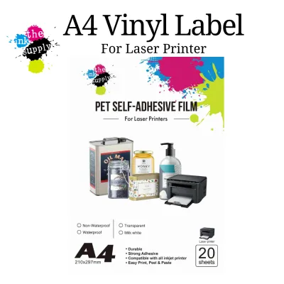 [20 Sheets] A4 PET Vinyl Self-Adhesive Waterproof Sticker Paper for Laser Printers Clear or White