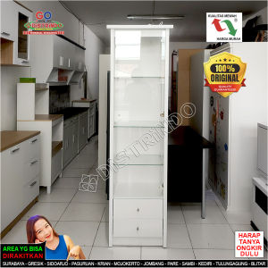 Distrindo - Lemari Hias Pajangan Etalase KACA Ruang Tamu MEWAH + LAMPU + 2 LACI