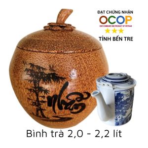 Bình ủ trà gỗ dừa cao cấp khắc chữ Nhẫn / Tùy chọn bình trà 05 - 08 - 13 - 20 lít / Hàng đạt OCOP 3 sao tỉnh Bến Tre năm 2023 / Giữ ấm 3 - 5 giờ / Xưởng sản xuất thủ công