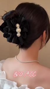 BVO niche high-end pleated pearl bow hair clip exquisite black hairpin 13.7cm
