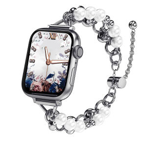 Pearl Chain Strap For Applle Watch Band 45mm 44mm 41mm 40mm Women Beaded Elastic Jewelry Stretch i Watch Series 42mm 38mm㏇0708