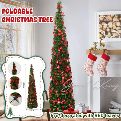Foldable Christmas Tree Pop Up Artificial Tinsel Christmas Tree with Ornaments 210cm 180cm 150cm 120cm