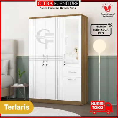 PROMO Lemari pakaian 3 pintu minimalis putih - MOTIF A DIRAKIT
