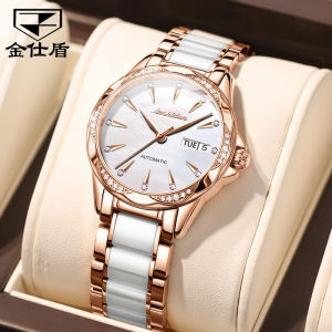 JSDUN Top Watch for Women Automatic Original 2022 Hot Sale 50m Waterproof Korean Style Elegant Ceramic Steel Strap Double Calendar Mechanical Watch