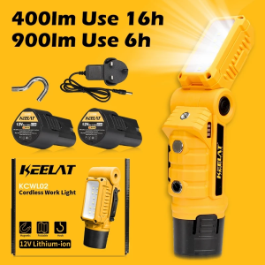 KEELAT 12V Rechargeable LED Work Light Portable Folding Emergency Lamp for Camping Outdoor Repair Workshop with 2 Batteries