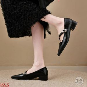 Sepatu Flat Hak Pendek Wanita Model Silang Elegan – Pilihan Warna Hitam Coklat dan Beige | Size 36-40