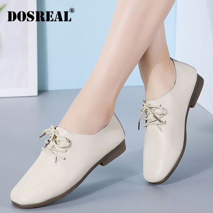 Ballet Flats White Lace Up Leather Shoes DOSREAL Women Oxford - Main Image