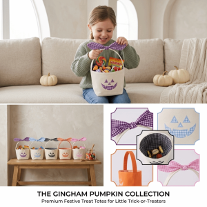 SKJK STUDIO Vải Canvas Thùng kẹo Halloween Thêu bí ngô Lớp lót bằng vải cotton gingham Giỏ đựng đồ Phong cách đa dạng Có thể tái sử dụng Hộp đựng kẹo Halloween Tiệc Halloween
