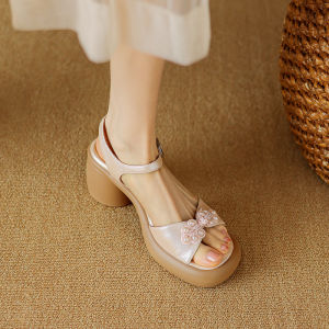 Stepping on Feeling of National Style Genuine Leather Pearl Open-toe Sandals Womens Summer Thick Soles with Block Heels High Heels Womens Shoes