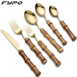 Fypo Bamboo Handle Cutlery Stainless Steel Golden Tableware Fork Tea Spoon Flatware Dishwasher Safe Silverware Dinnerware For Home Kitchen Restaurant Cutlery