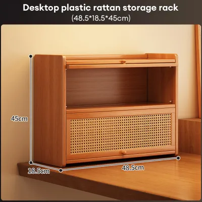 Bamboo Countertop Storage Cabinet Natural wood finish Open shelves Woven front panel Organizes kitchen items Clean desktop environment