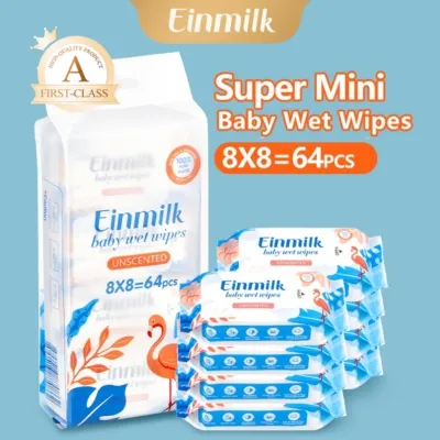 [Einmilk] 8s*8 Packs Super Mini Baby Wet Wipes Travel Size 99% Pure Water Unscented Portable Convenient Baby Wipes Wet Thick & Large