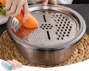 2026 Upgraded Germany Multifunctional Stainless Steel Basin Stainless Steel Shredding and Drainage 5-in-1 Strainer and Drain Basket for Vegetables Rice Rinser Food Graters (L (11"/28CM))