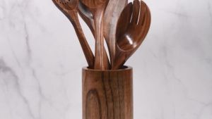 Teak Wooden Utensil Set with Spoon Rest & Hooks - Durable Wooden Spoons for Cooking with Comfort Grip - Effortless Clean Non-Stick Friendly 8 Pcs