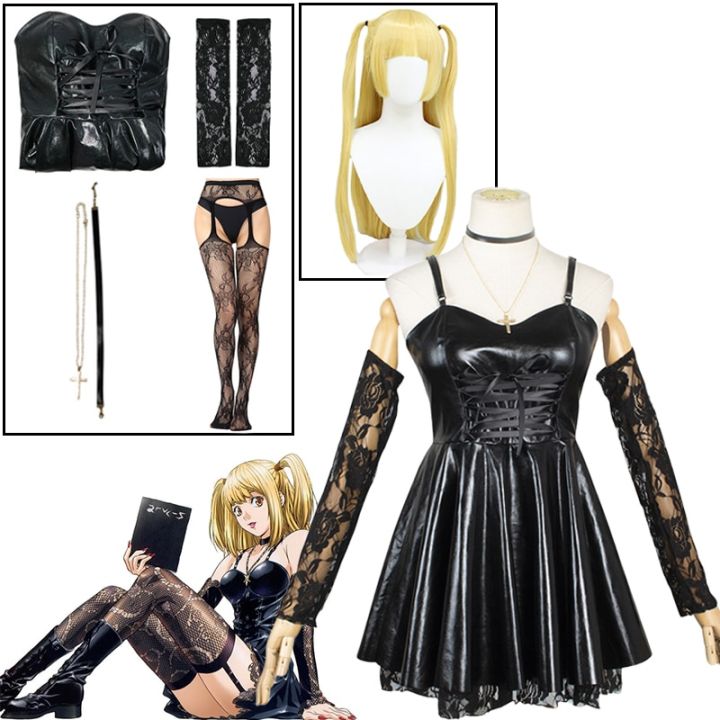 Death Note Cosplay Costume Amane Misa Imitation Leather Sexy Dress Gloves Stockings Necklace