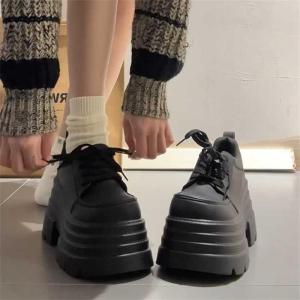 Free Shipping Black Low-Heeled Platform-Soled Lace-Up Leather Shoes For Women New Autumn Collection Preppy Style Casual Loafers