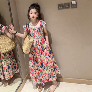 Orange Green Big Kid Children Summer Floral Elegant Floral Child Girls Casual Dress For Student Teenager 5 6 7 8 9 10 11 12 13 14 15 Year Old Party Princess Dresses