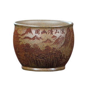 壶芝宴宜兴正宗紫砂主人杯全手工制刻绘溪山清幽风品茗杯高温柴烧