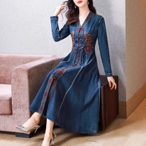 Fashion long-sleeved denim dress womens new high-end embroidery retro ethnic style denim dress fashion foreign style long dress