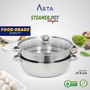 Asta Steamer Stainless Steel 2 Susun 28 Cm Tutup Kaca Panci Dandang Kukus 2 Tingkat Multifungsi