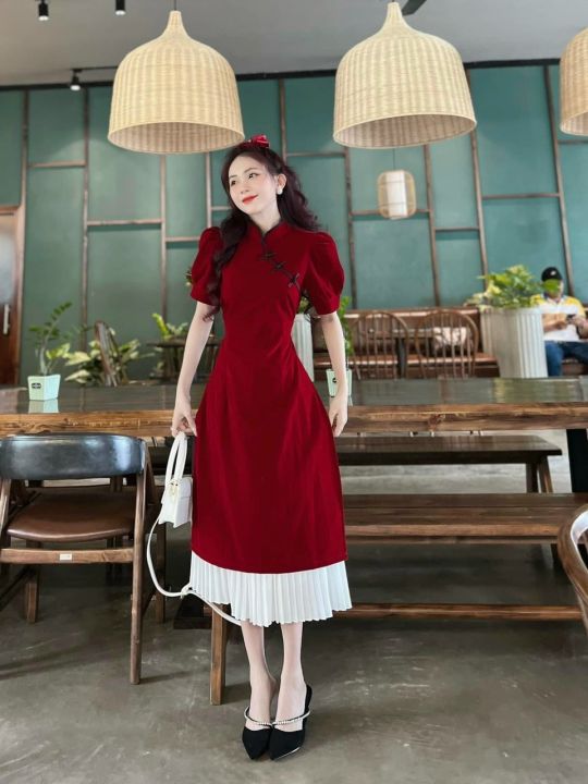 Mua Váy đầm đỏ dáng xòe cổ bẻ, mẫu váy đầm mặc tết siêu xinh, kiểu dáng dễ  mặc - M045 | Tiki