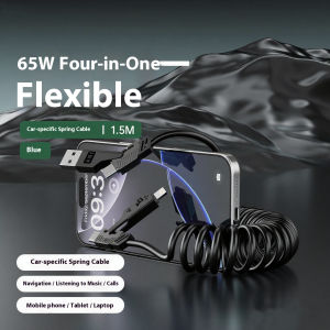Universal 65W 4-in-1 Car Charging Cable Spring Retractable PD Fast Charger for iPhone Huawei Type-C