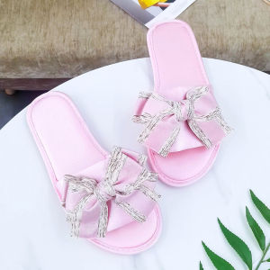 [Free Shipping] New Korean-Style Satin Bow Flat Slippers For Women Fashionable Soft-Soled Non-Slip Home Sandals