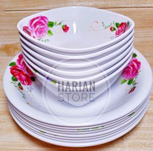 PAKET 6 PCS ISI PIRING 23CM CAMPUR MANGKUK 15CM MELAMIN ROSE SINGA SINGI ORIGINAL FOOD GRADE