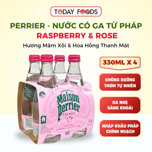 Nước Có Ga Perrier Raspberry & Rose 330ML – Nhập Khẩu Từ Pháp – Lốc 4 Chai Thủy Tinh Hương Mâm Xôi Hoa Hồng