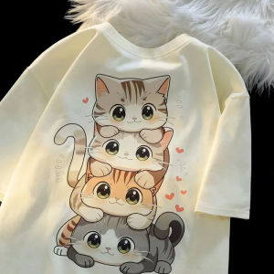 [Local Stock] HBESTY  Cute Cartoon Cat Print Womens Mens Round Neck Short Sleeved T-shirt Casual Loose Versatile Summer T Shirt