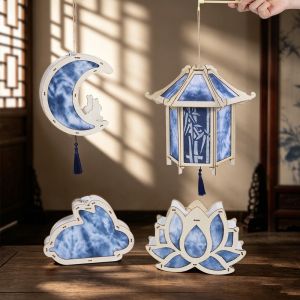 VALER Retro Tie Dyed Lanterns Rabbit Shape Classical Glowing Lanterns Creative Handmade Wooden Handheld Lanterns Mid-Autumn Festival