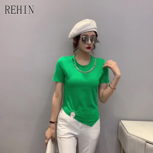 REHIN Womens T-shirt summer new solid color design tops irregular hem short-sleeved shirt S-3XL plus size