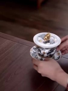 Kirilgu Chinese Dark Dragon White Sheep Fat Jade Porcelain Gaiwan 360 °   Water Outlet Gold Painted High-end Retro Tea Bowl M1Y4T