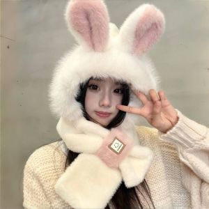 DADOMYD Keep Warm Hooded Scarf for Women 2-in-1 Windproof Hat Scarf Rabbit Ears Fluffy Winter Plush Scarf Autumn Winter