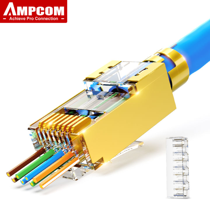 Ampcom Cat7 Pass Through Connector Cat6a7 50u Gold Plated Pass Thru Shielded Stp 8p8c Rj45 1004