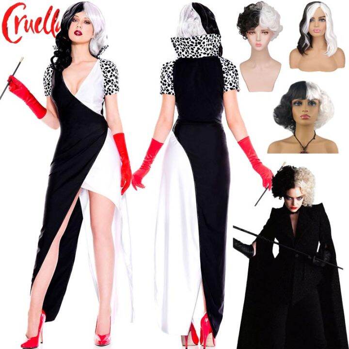 Movie Cruella De Vil Costume Black White Witch Cruella Dress Short 