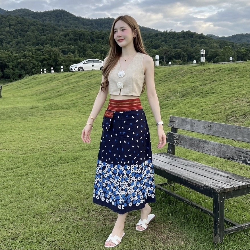 LANNA กระโปรงผ้าไทยทรงเอ ผ้าฝ้ายพิมพ์ลาย ใส่สบาย พรางพุง สวยทุกวัน มุมมองที่ 7