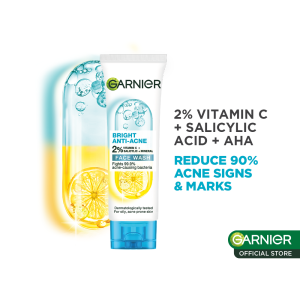 Garnier 2% Anti Acne Salicylic Acid 3-in-1 Facial Cleanser (50ml) w/ Vitamin C Niacinamide AHA - Skincare for pimple open pores acne prone skin