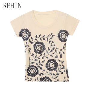 REHIN เสื้อยืดแขนสั้นลายไม่เหมือนใครแฟชั่นใหม่ฤดูร้อนเข้ารูปพอดีคอกลม S-3XL ผู้หญิง