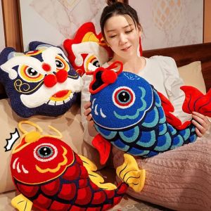 CUTE ELVES Chinese New Year Dancing Lion Pillow New Year Dancing Lion Koi Fish Embroidery Pillow Creative Traditional Gold Ingot Plush Cushion New Year