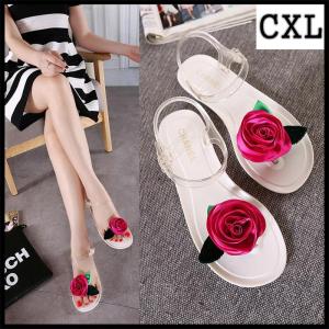 CXL Brand Roman Bohemian Style Jelly Summer Beach Flat Sandals Toe Clip Slippers Rose Flowers Inlay Shoes For Women (35-40 Size)