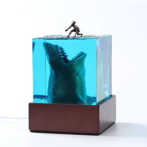 Marine Resin Night Light Decor Shark Surfer Micro Landscape Cube Gift for Collectors
