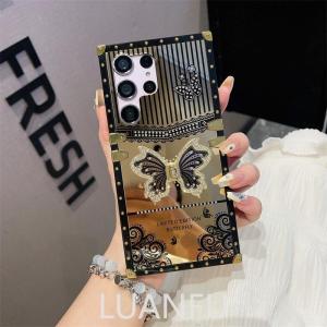 Case for Samsung Galaxy S24 Ultra S24 Plus Luxury Gilt Back Cover with Gilt Rhinestone Butterfly Bracket Four Corners Reinforcement Anti-drop Shockproof Protective Cover
