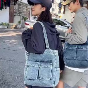 Casual Washed Denim Shoulder Bag Men Women Fashion Hong Kong Style Large-ความจุ Student Class Tote Bag