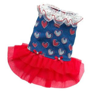 OUTOPEN Suspender Dress Pet Dog Skirt Breathable Mesh Denim Cherry Cat Clothes Chic Apparel Soft Vest Puppy Clothing with Leash Spring Summer