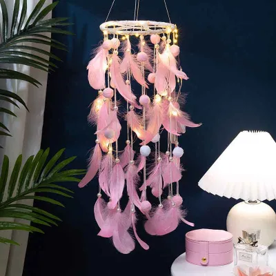 Creative Dream catcher Leather Pendant Dream Catcher with LED Light Wall Hanging Wind Chimes Home Bedroom Wall Decoration for Gift