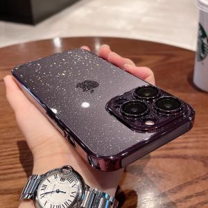 CrashStar With Lens Films Fine Glitter Transparent Ultra-thin Hard Phone Case For iPhone 16 15 14 Pro Max Plus 13 12 Pro Max 11 Clear Plating Slim PC Protective Cover Shell With Full Cover Lens Camera Protection Hot Sale