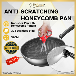 【𝐏𝐫𝐞𝐦𝐢𝐮𝐦】Non-stick Pan 304 Stainless Steel Honey Comb Double Full Screen No Coating Kuali Wok